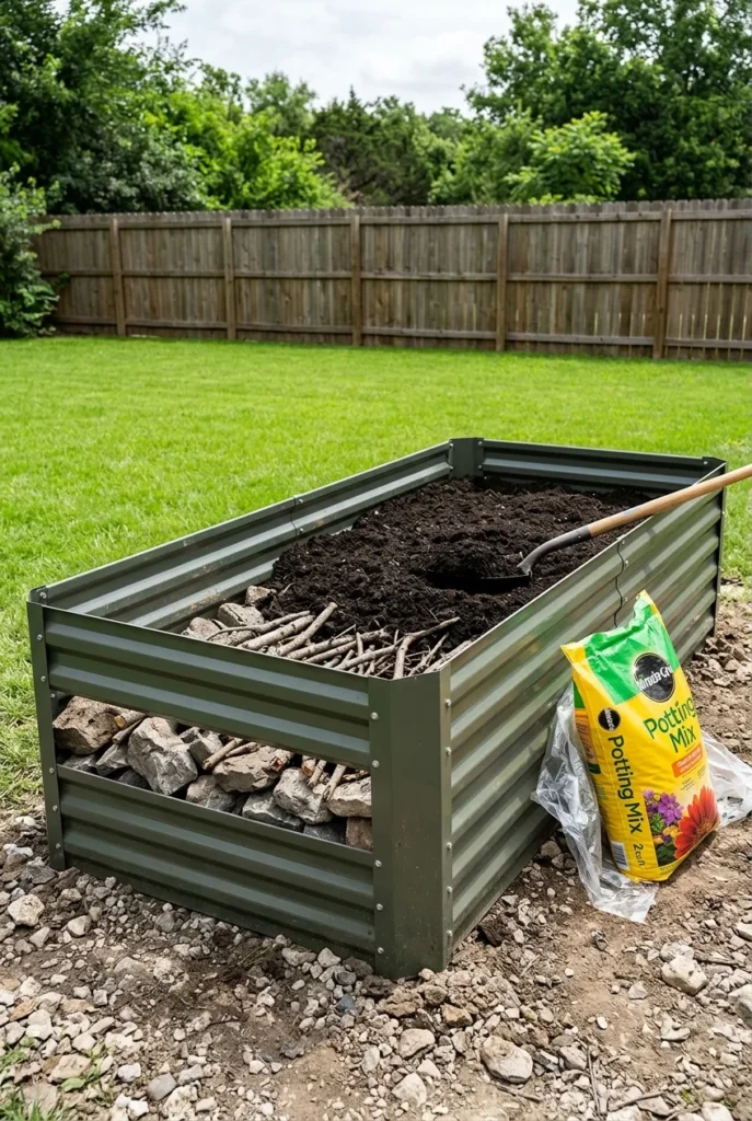 Rocky backyard makeover raised bed filled with pulled stone under garden soil
