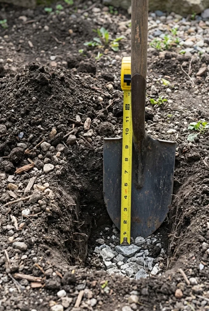 Rocky backyard makeover soil depth test with shovel and tape measure in test hole