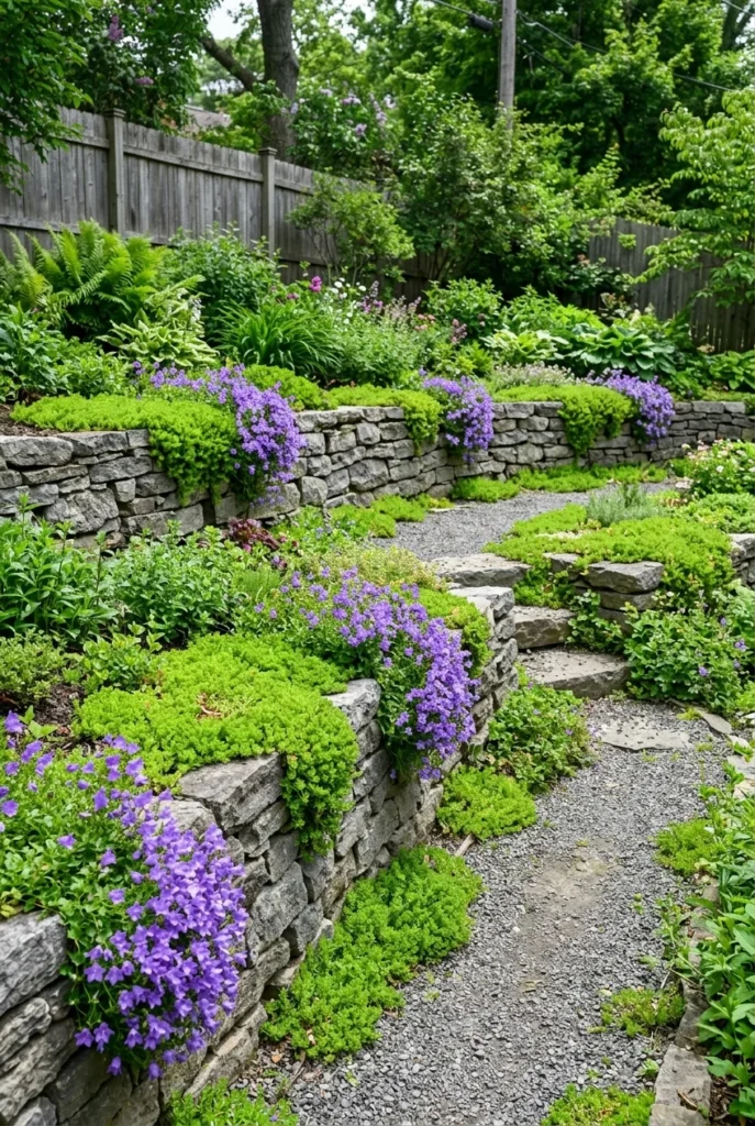 Rocky backyard makeover with two low stone terraces planted with sedum and bellflower