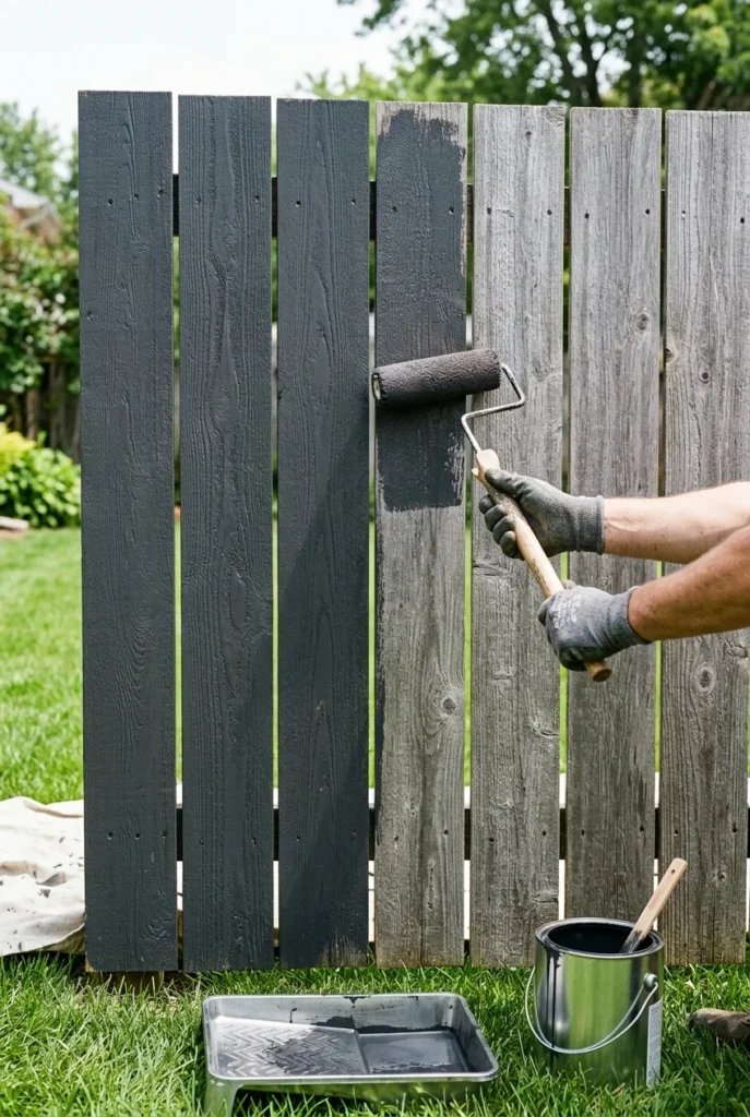Rolling dark charcoal stain onto a weathered fence during a backyard fence makeover