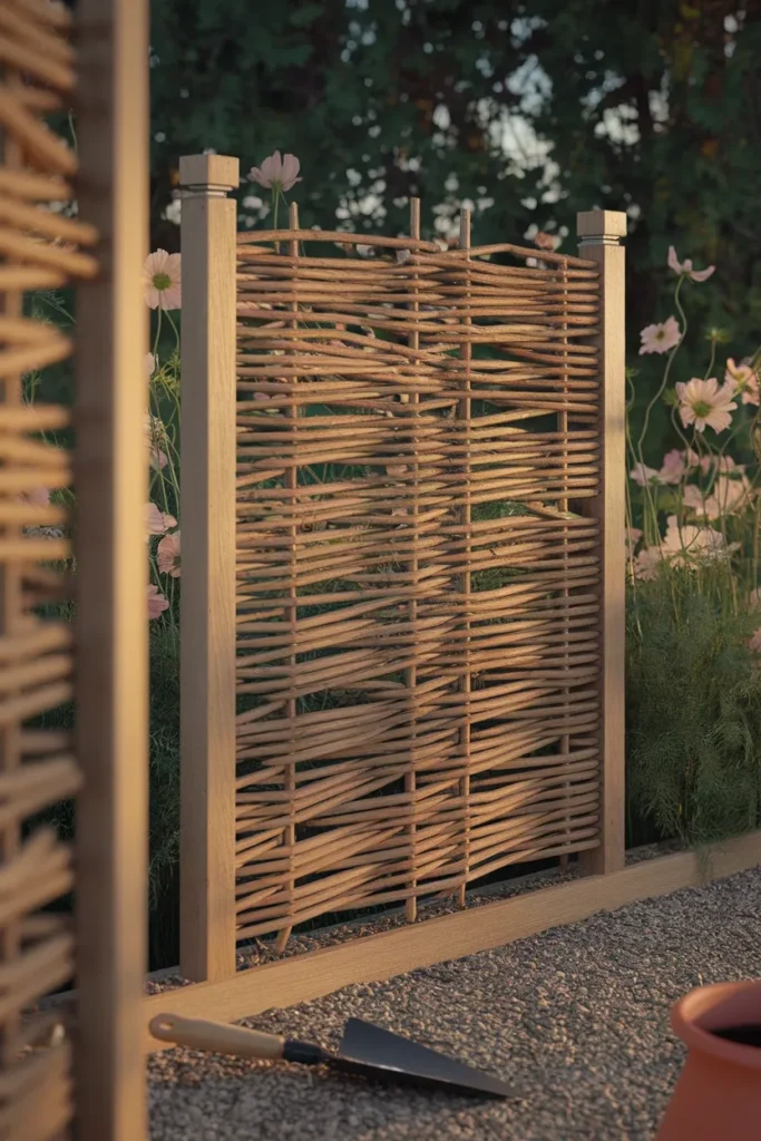 Rustic cottage garden fence made of woven willow wattle beside a flower bed