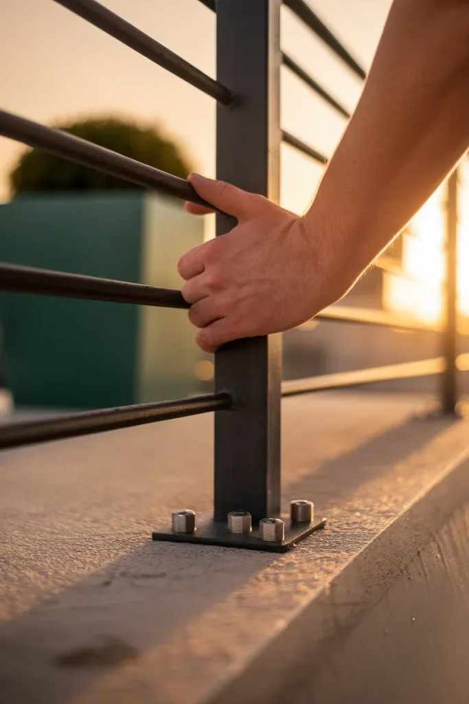 Safety check on a modern balcony railing post connection and mounting hardware