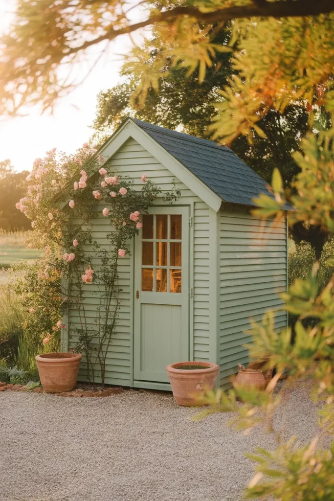 Sage green cottage garden shed with climbing roses at golden hour