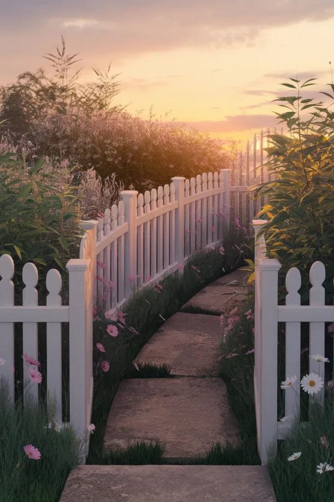 Scalloped cottage garden picket fence with cosmos and daisies at sunset
