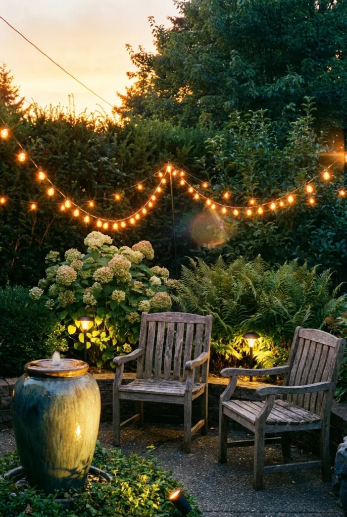 Secret garden at dusk with warm string lights, a small fountain and uplit shade plants