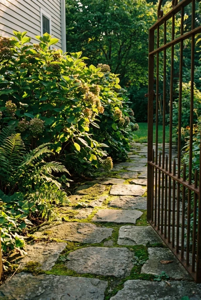 Secret garden design where a stone path bends out of sight behind hydrangeas and ferns