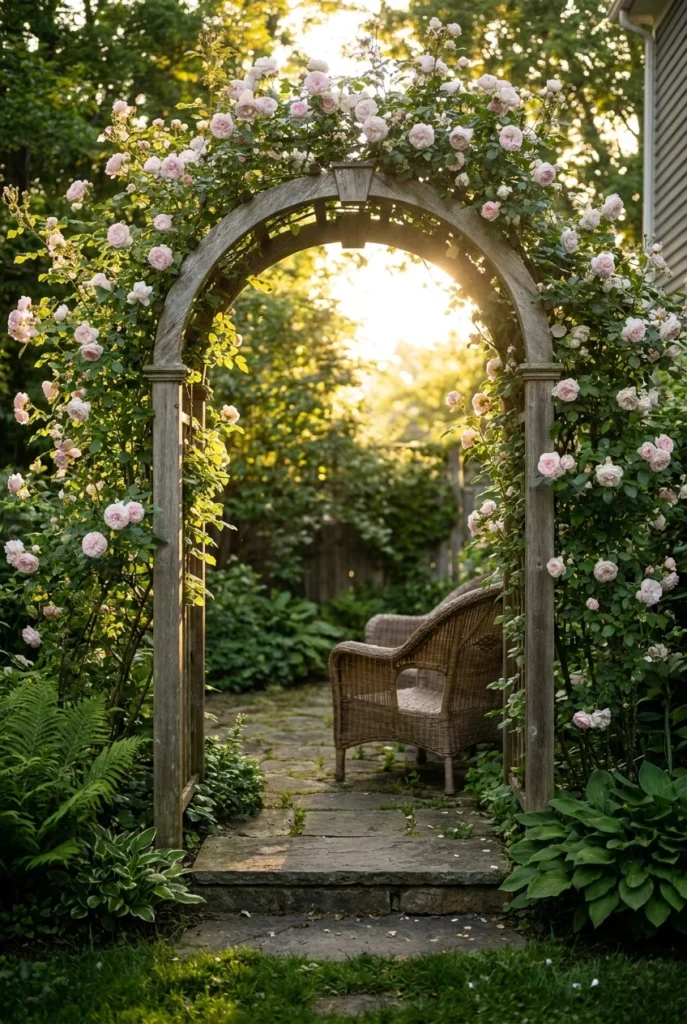 Secret garden entrance arbor with climbing roses framing a hidden seating nook