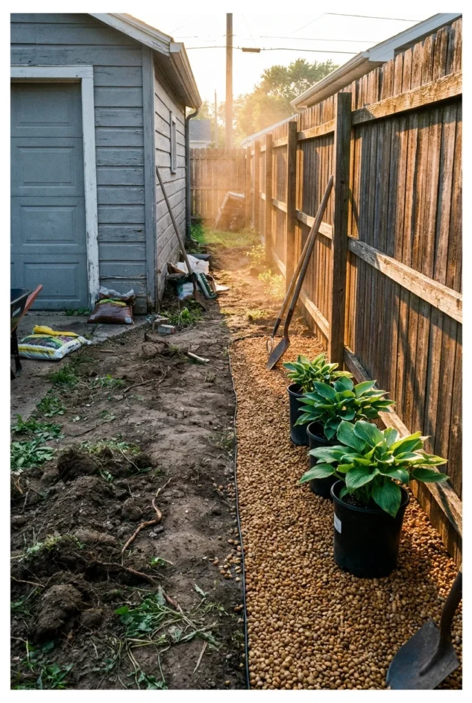 Secret garden ideas for a narrow neglected side yard between a garage and fence
