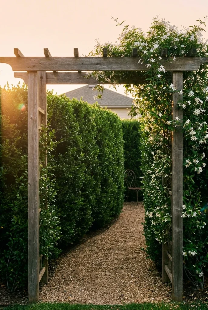 Secret garden ideas gravel path curving behind a hedge under a jasmine-covered cedar arbor at golden hour