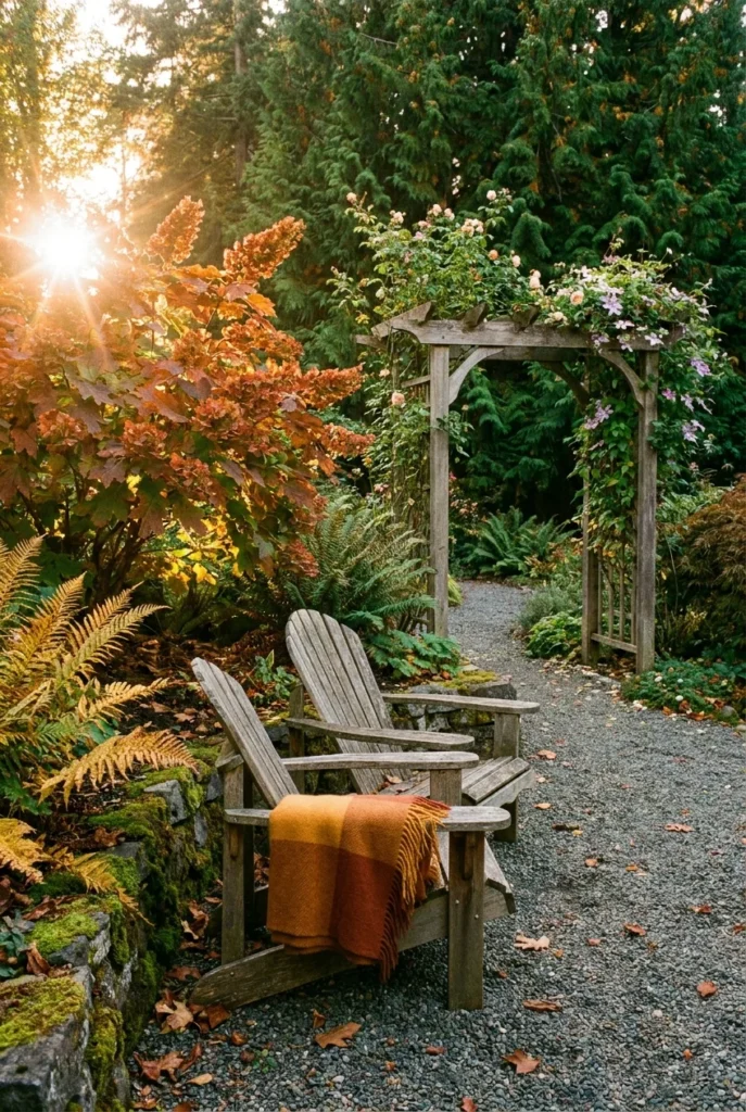 Secret garden ideas in early fall with an oakleaf hydrangea, gold ferns and a cedar arbor