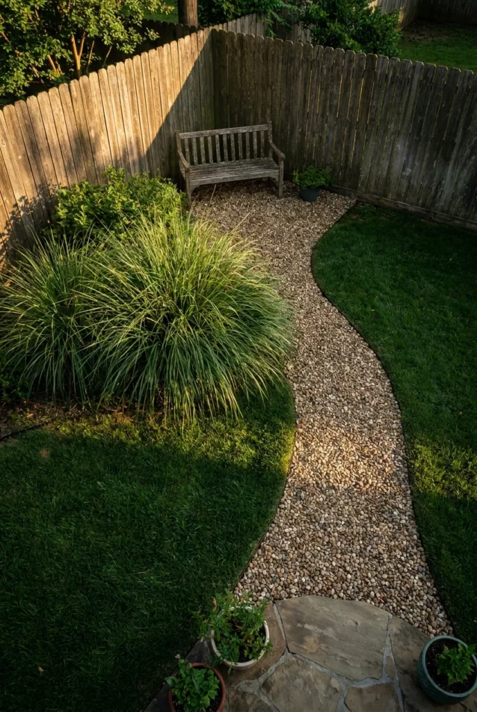 Secret garden layout from above showing a curved gravel path screening a hidden bench