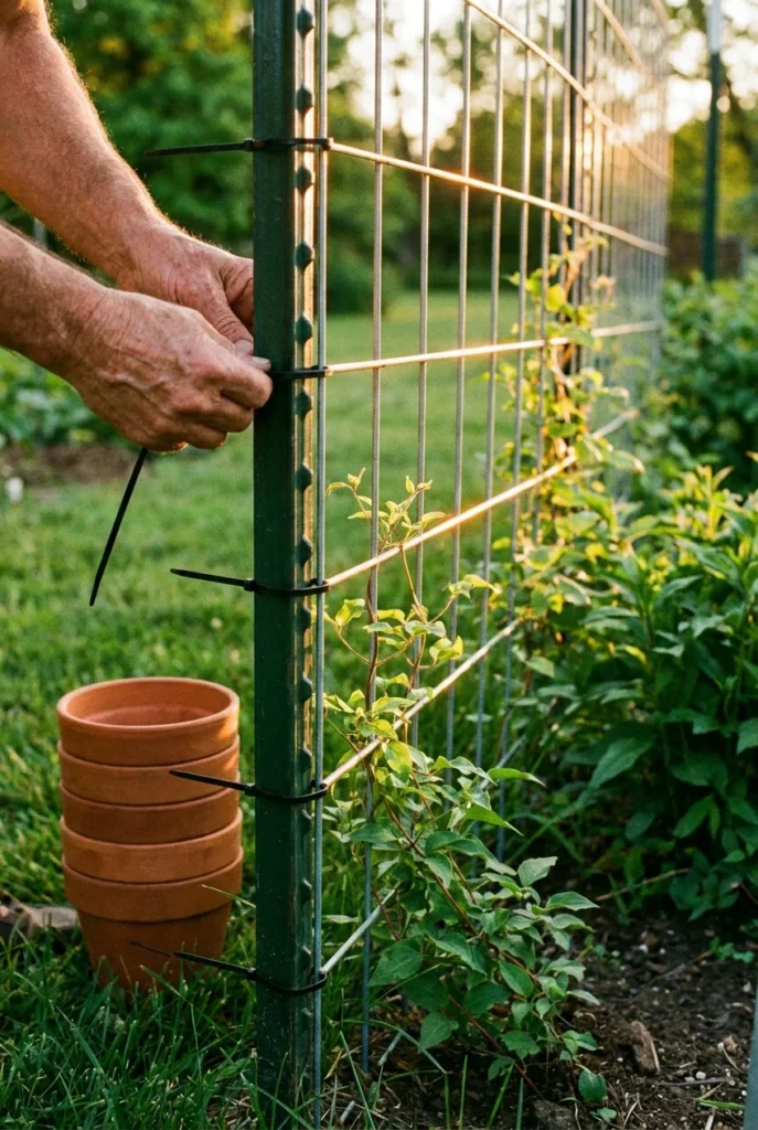 Secret garden privacy screen built from a cattle panel trellis with climbing clematis