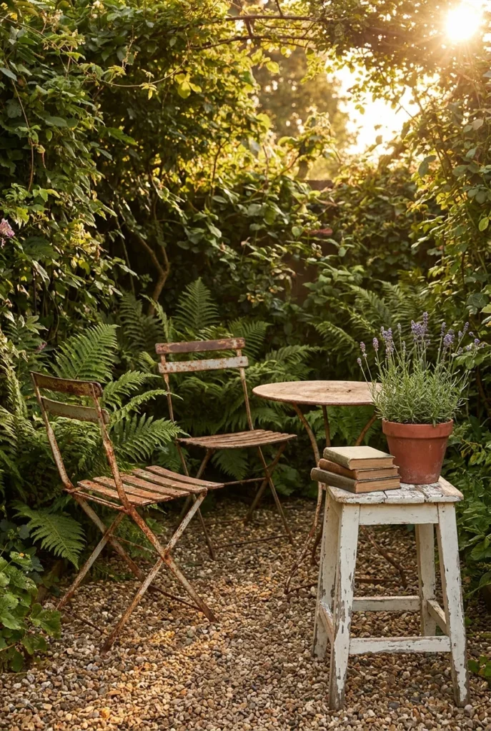 Secret garden seating with bistro chairs on pea gravel surrounded by ferns and lavender
