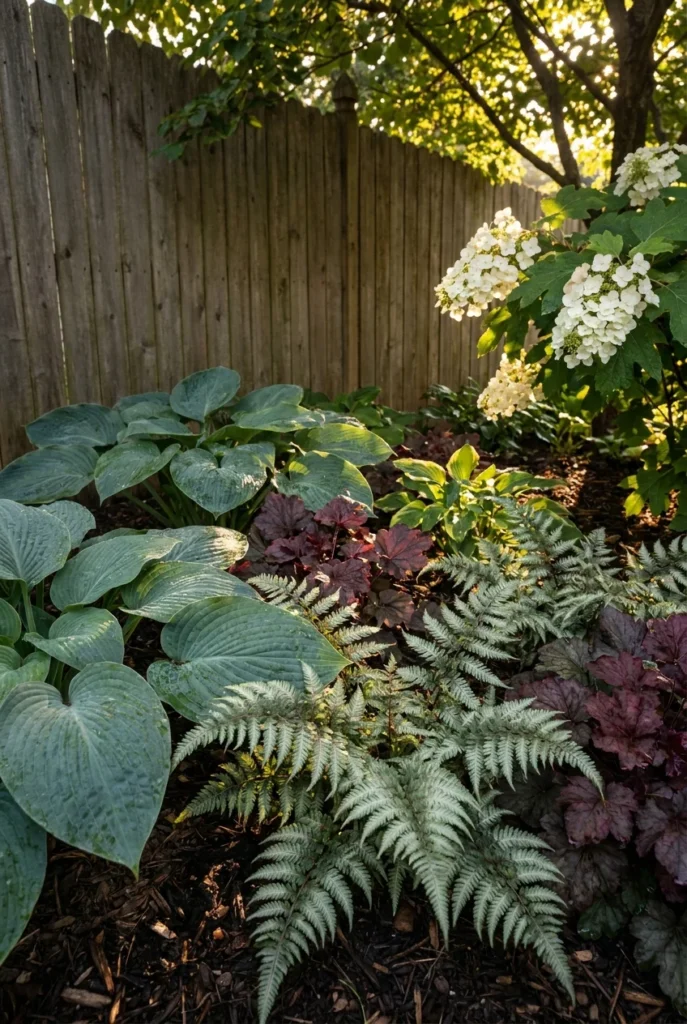 Secret garden shade plants including hostas, painted ferns, heuchera and oakleaf hydrangea