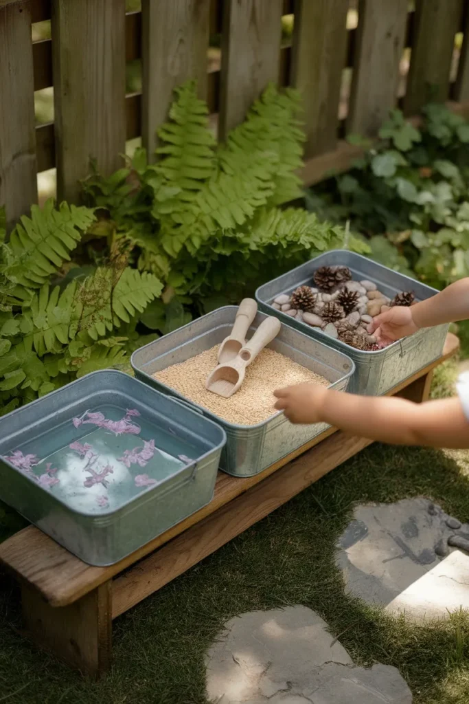 Sensory play station bins on a bench, a small backyard idea for kids