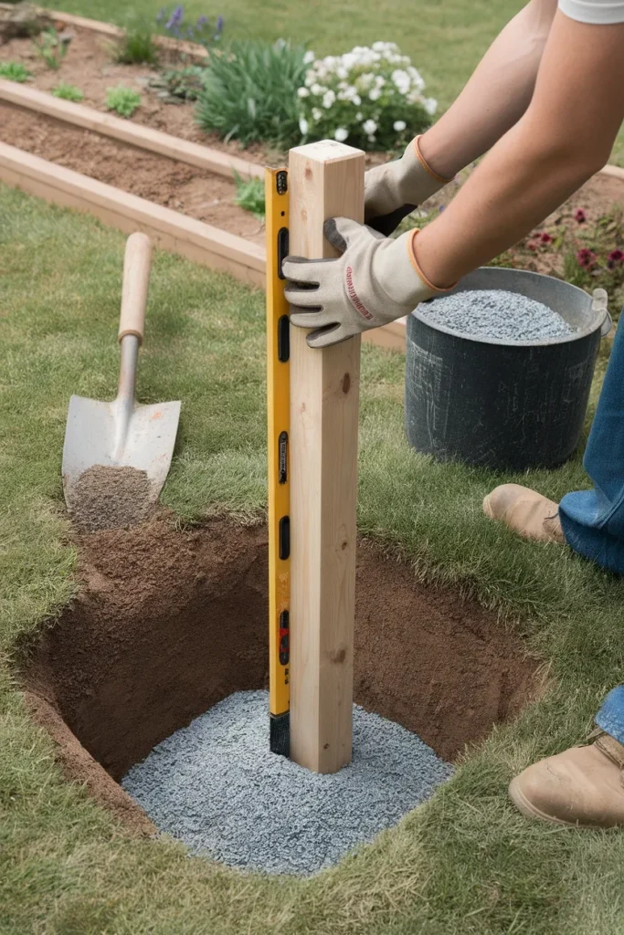 Setting a cottage garden fence post on gravel below the frost line