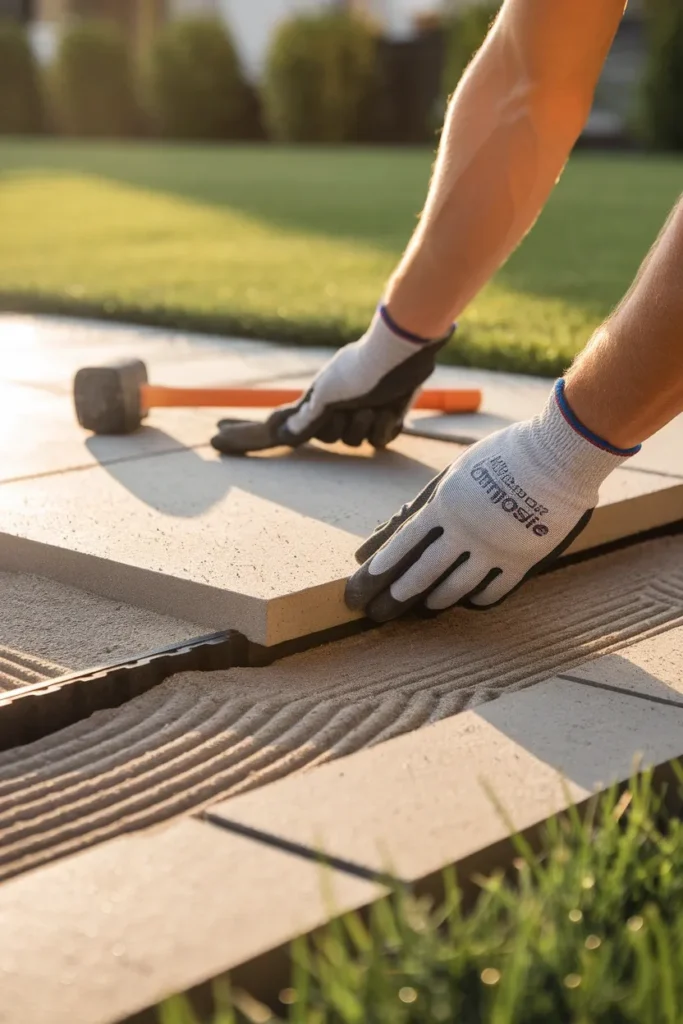 Setting pavers on a small backyard patio with sand base and composite edging