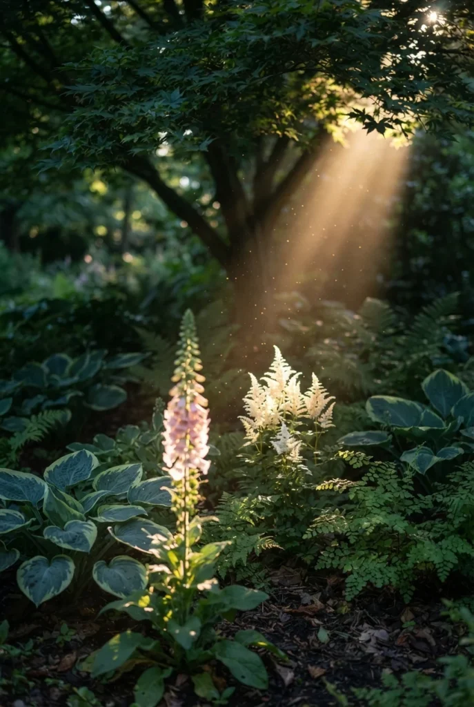 Shade English cottage garden border with foxglove, astilbe, hosta and ferns