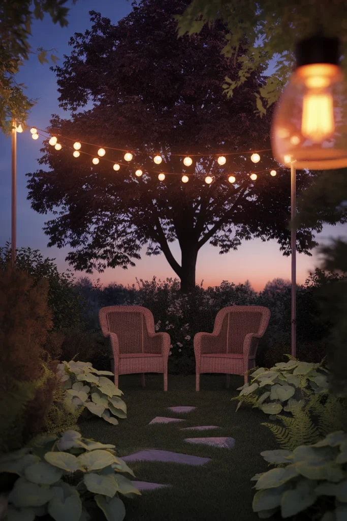 Shade garden ideas after dark with warm string lights over a seating area