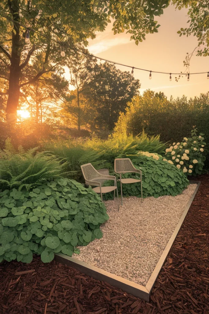 Shade garden ideas at full build gravel nook, massed ferns and hydrangea