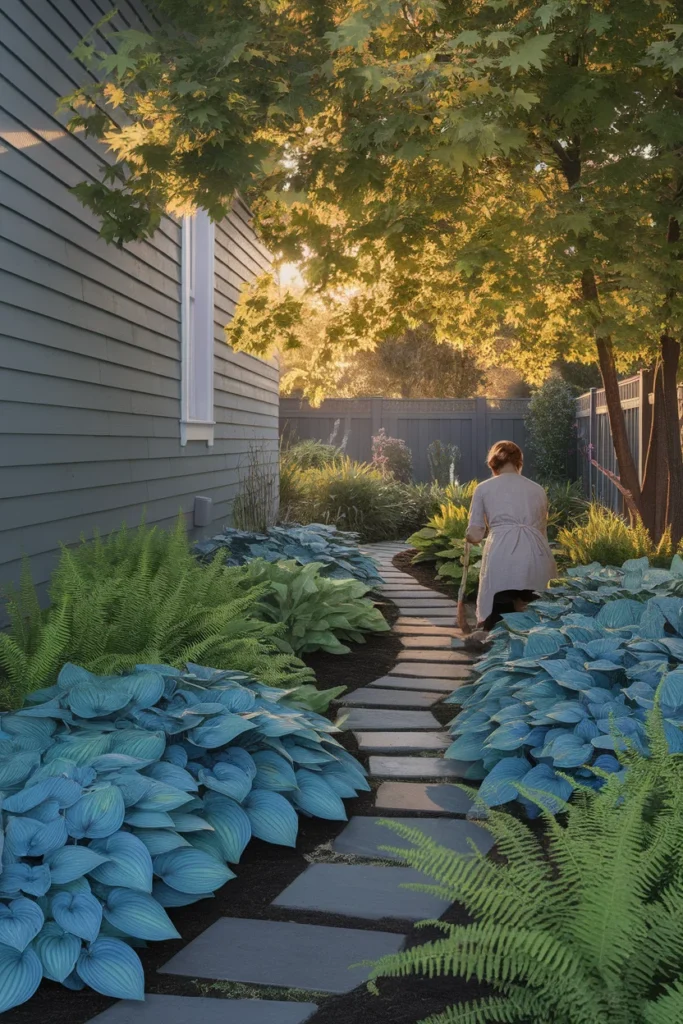 Shade garden ideas in action hostas and ferns along a flagstone path beside a house