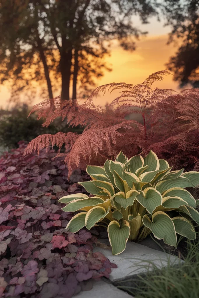 Shade garden ideas using foliage contrast hosta, ferns and heuchera layered