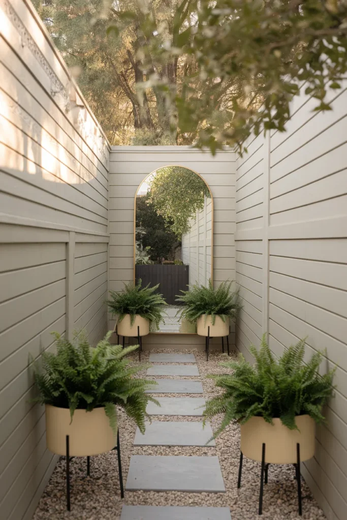 Shade garden ideas without plants pale fence, mirror and light gravel