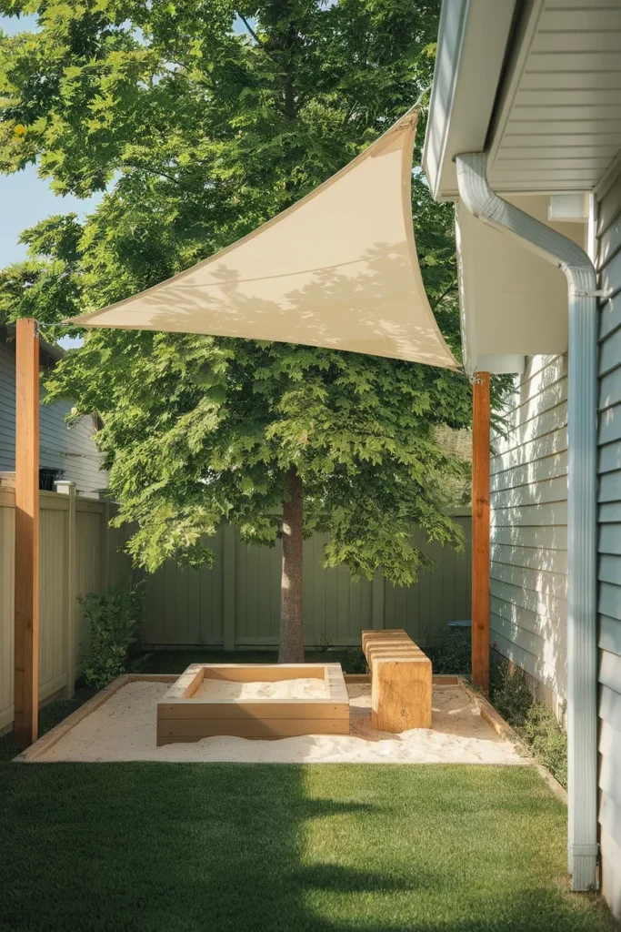 Shade sail over a small backyard play area for kids with sandbox and log bench
