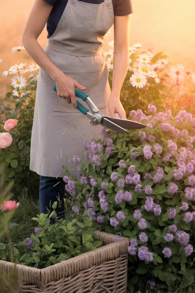 Shearing cottage garden flowers in July, cutting back catmint for a second bloom