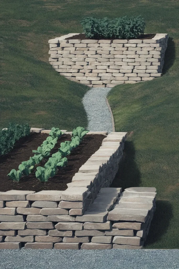 Short terraced retaining walls holding raised garden beds on a slope across the contour