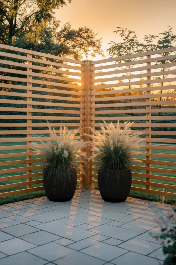 Slatted privacy panel with layered grasses screens one sightline on a small patio