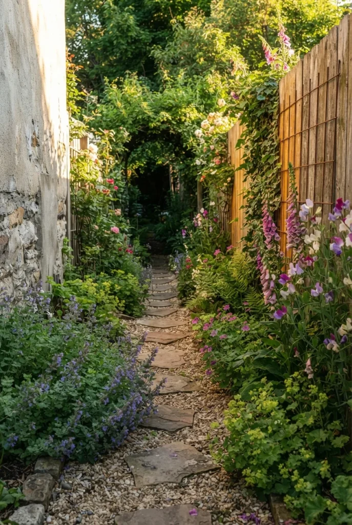 Small English cottage garden planted along a narrow five foot side yard path