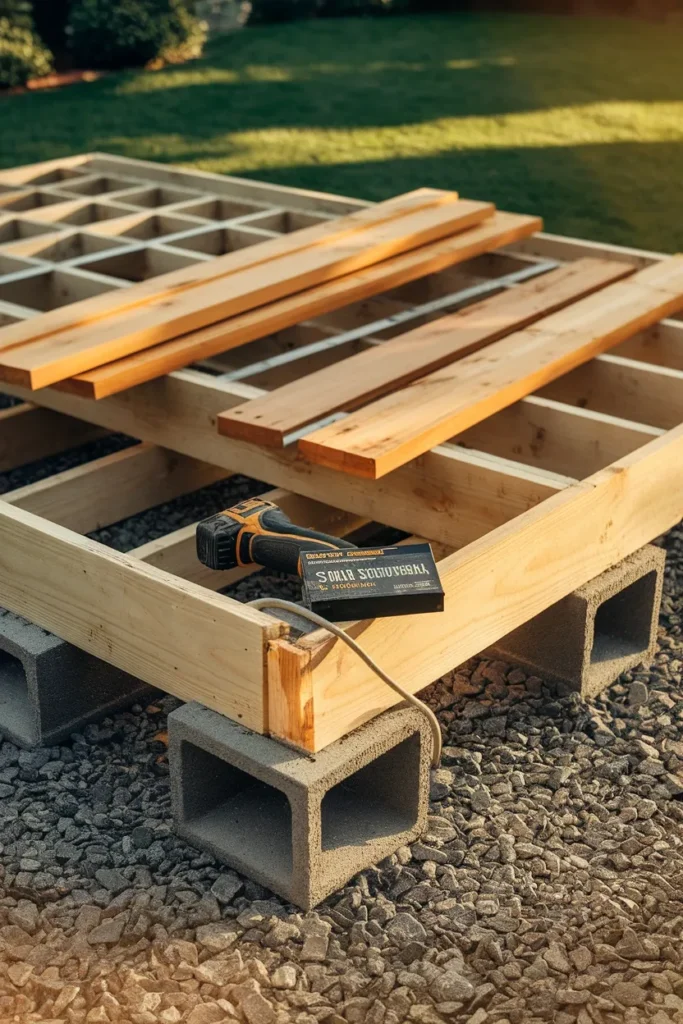 Small backyard deck frame on concrete deck blocks showing DIY build cost