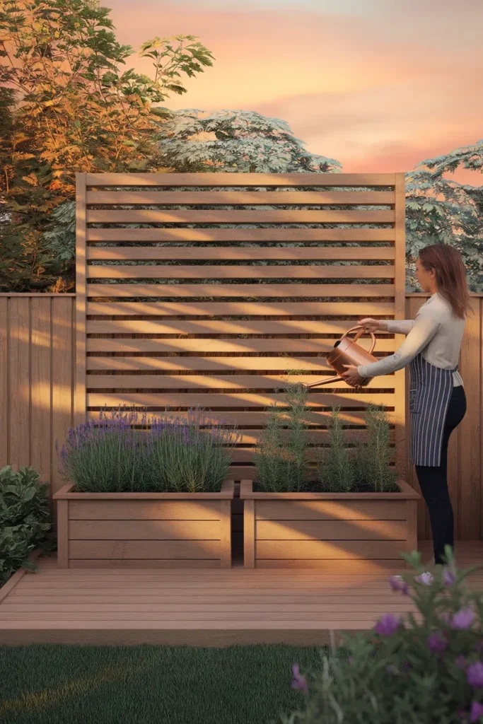 Small backyard deck privacy screen with herb planters at golden hour