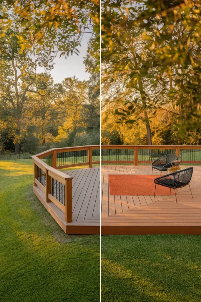 Small backyard deck with railing versus open ground-level deck sightline