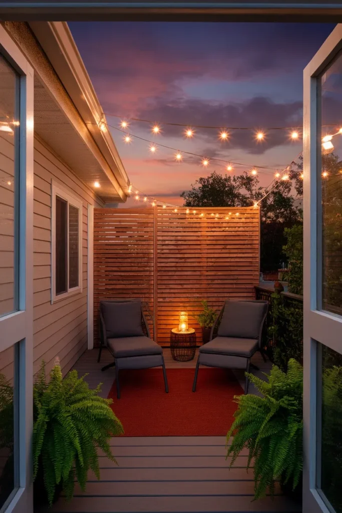 Small backyard decks lit with overhead string lights at dusk