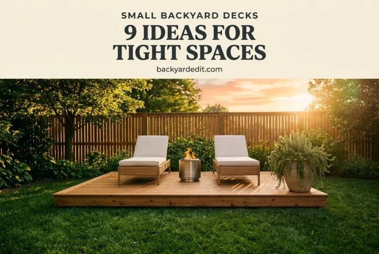 Small backyard decks pin with cedar deck, fire bowl, and golden hour light