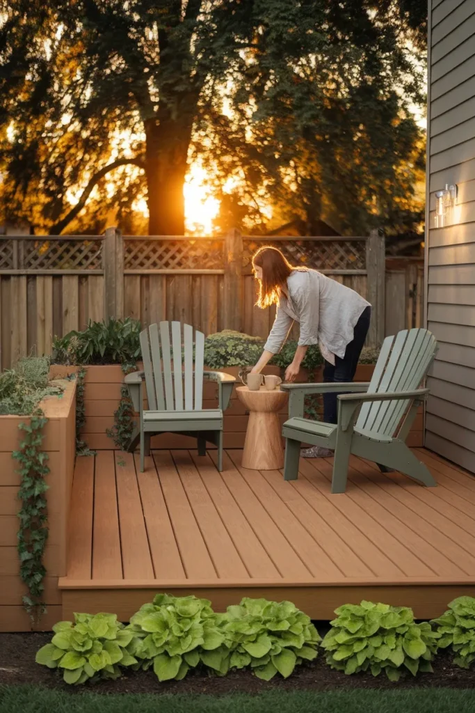 Small backyard decks with low cedar boards and no railing at golden hour