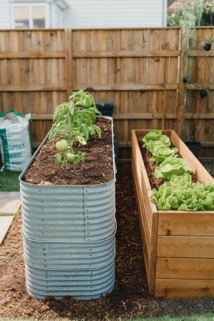 Small backyard garden design comparing 17 inch and 10 inch raised bed depth