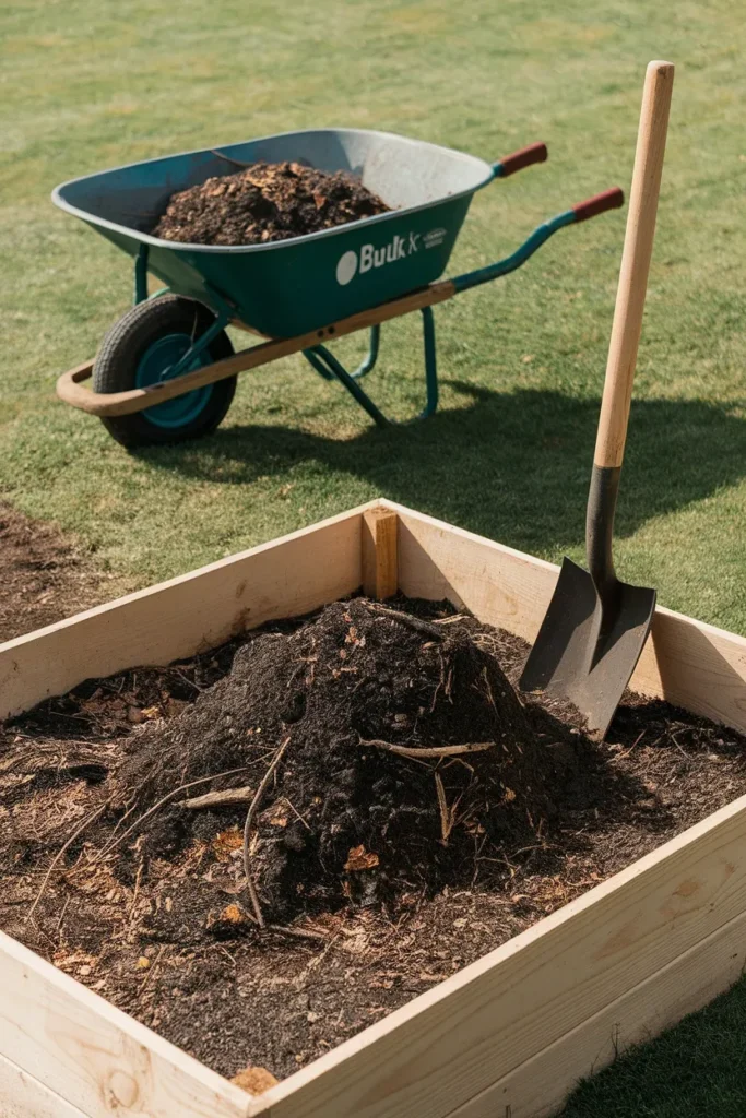 Small backyard garden design filling a raised bed with branches and bulk compost