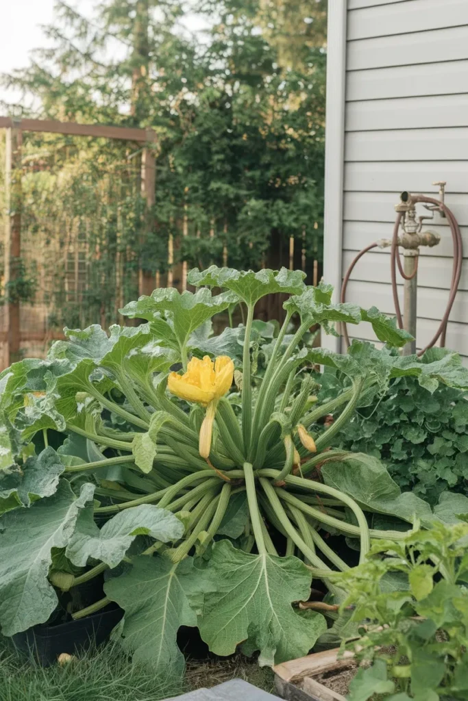 Small backyard garden design mistake with an oversized zucchini crowding a bed