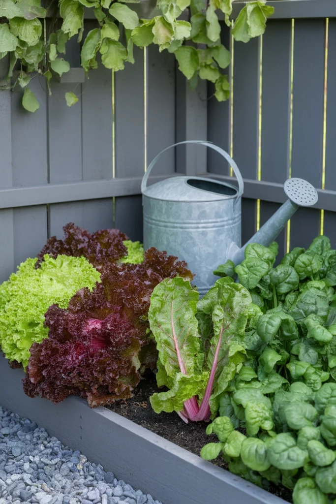 Small backyard garden design shade bed with lettuce chard and spinach