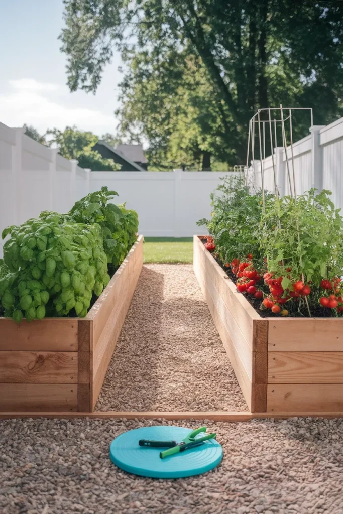 Small backyard garden design showing 16 inch gravel path between raised beds