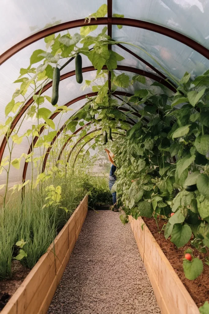 Small backyard garden design vertical cattle panel arch with climbing cucumbers