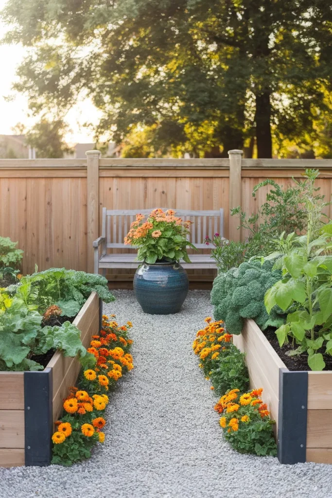 Small backyard garden design with cedar beds gravel path bench and flowers