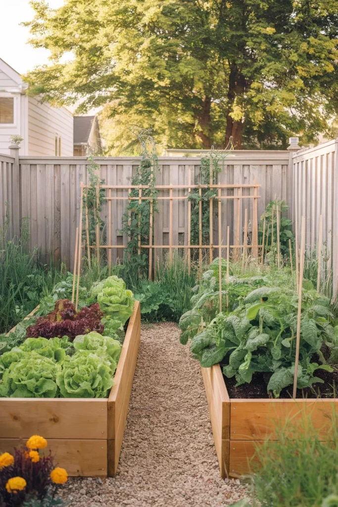 Small backyard garden design with two cedar raised beds and a bean trellis