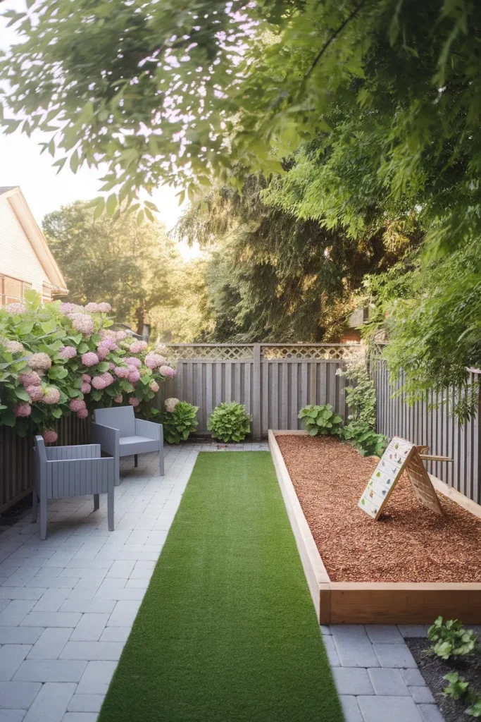 Small backyard ideas for kids shown in a compact fenced yard with a mulch play zone