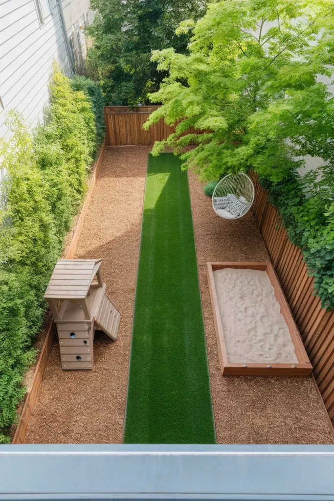 Small backyard ideas for kids using the 60-30-10 zoning split shown from above