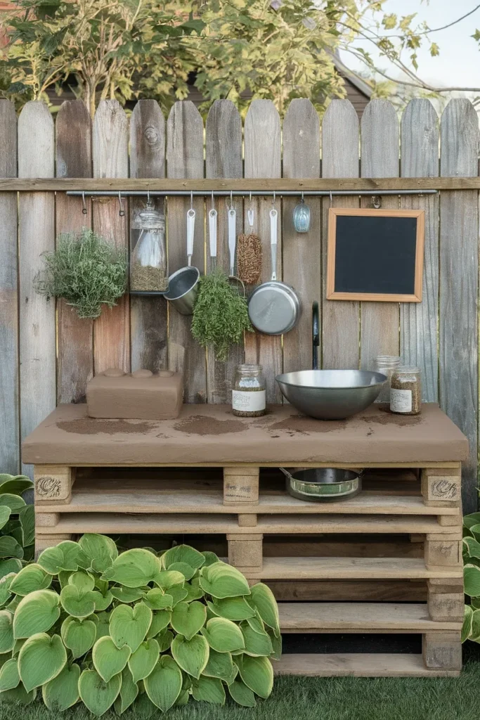 Small backyard kids mud kitchen built from a pallet along a fence