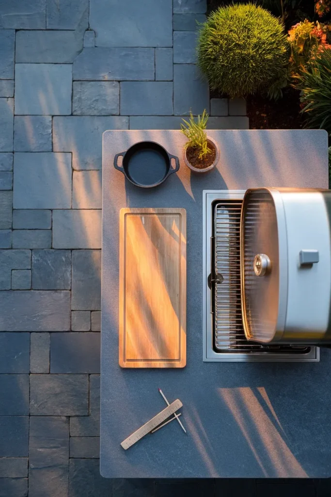 Small backyard kitchen 8 foot cook line layout shown from overhead with three zones